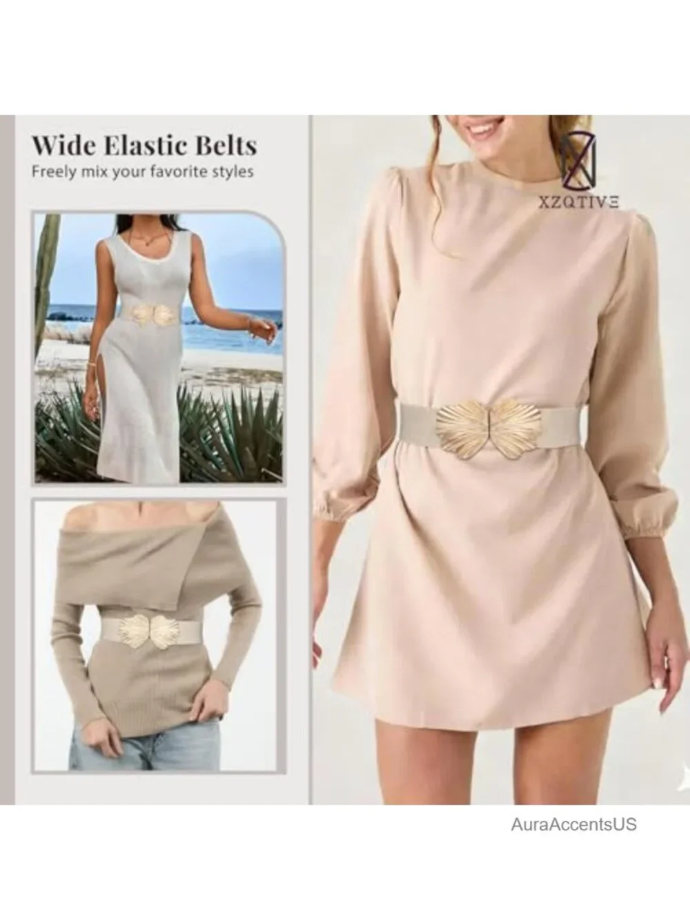 Wide Elastic Belt with Shell Gold Buckle - Stretchy Fashion Waist Belt for
